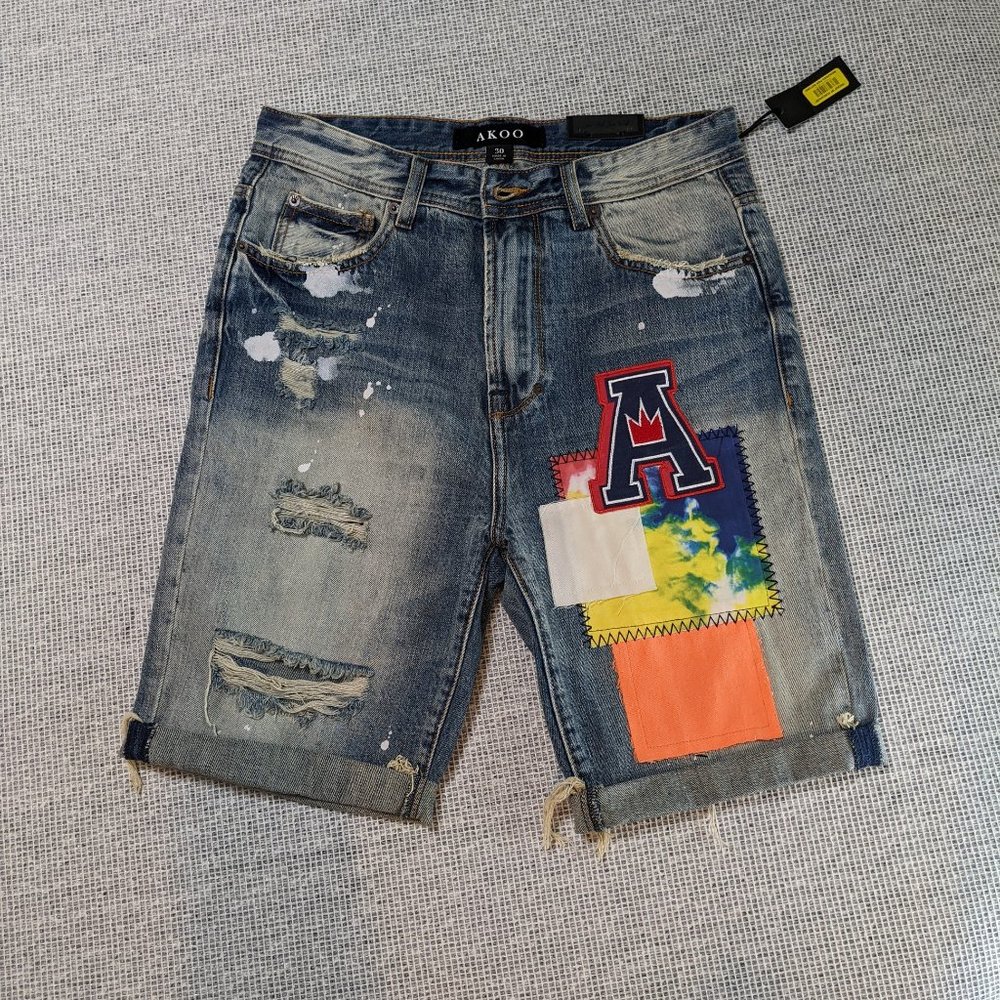 AKOO Blue Denim Splatter Distressed Shorts w/Patches by Rapper T.I.- size 30 NWT